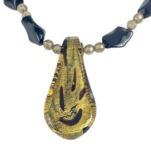 Murano Style Art Glass Pendant Necklace Black Beads Gold Foil Chunky Statement